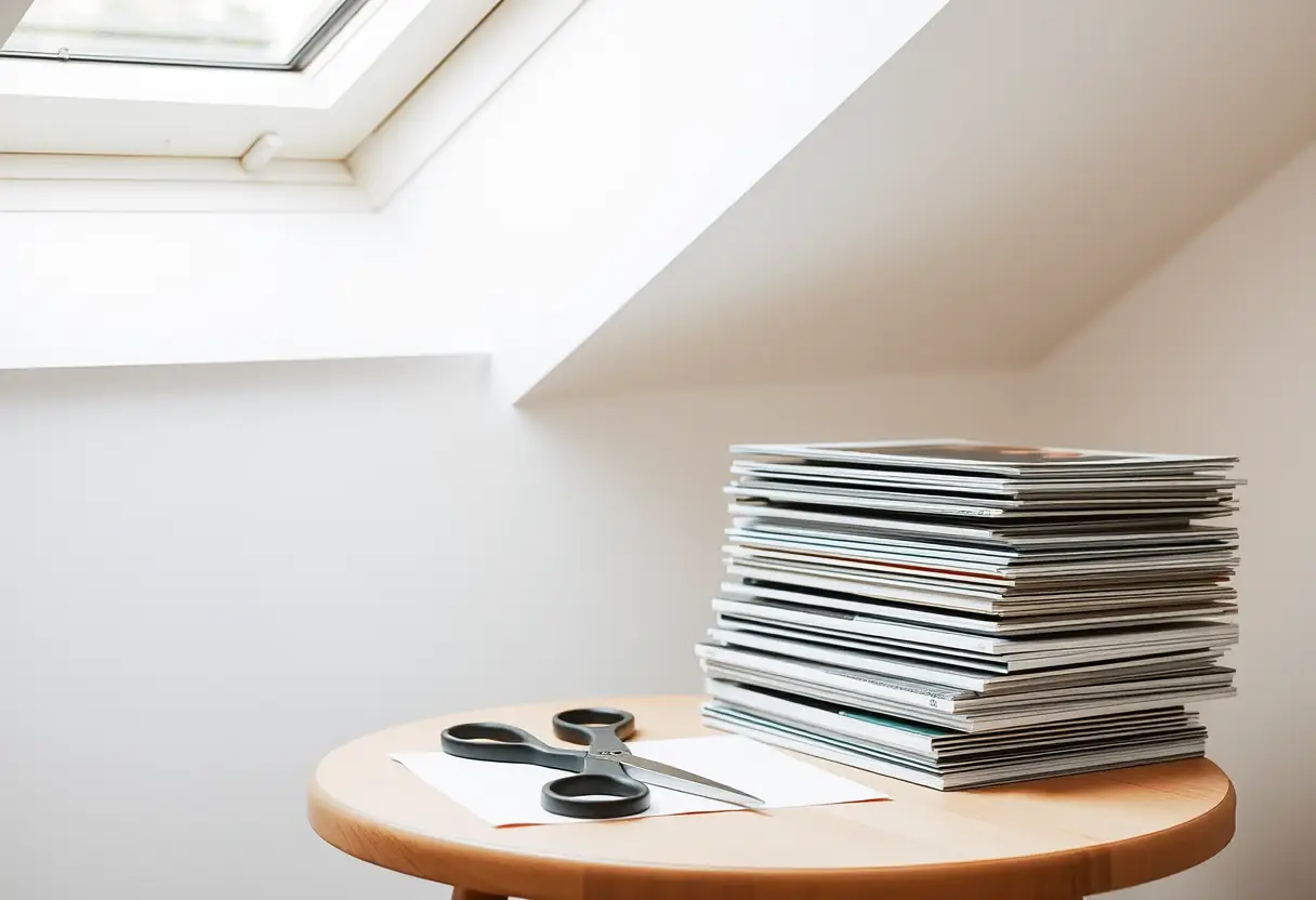 Scie posée sur une table près d'une pile d'affiches encadrées dans un salon