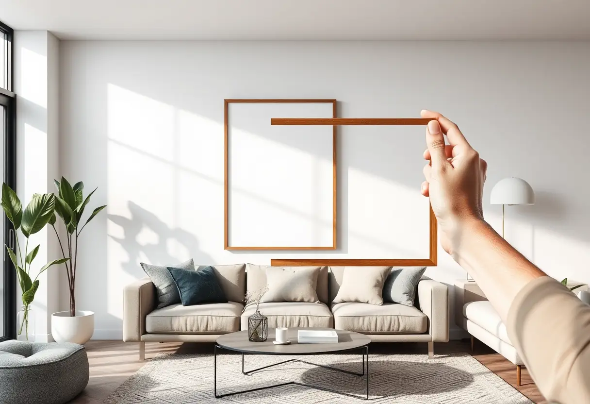 Une main positionnant délicatement un cadre dans un salon moderne