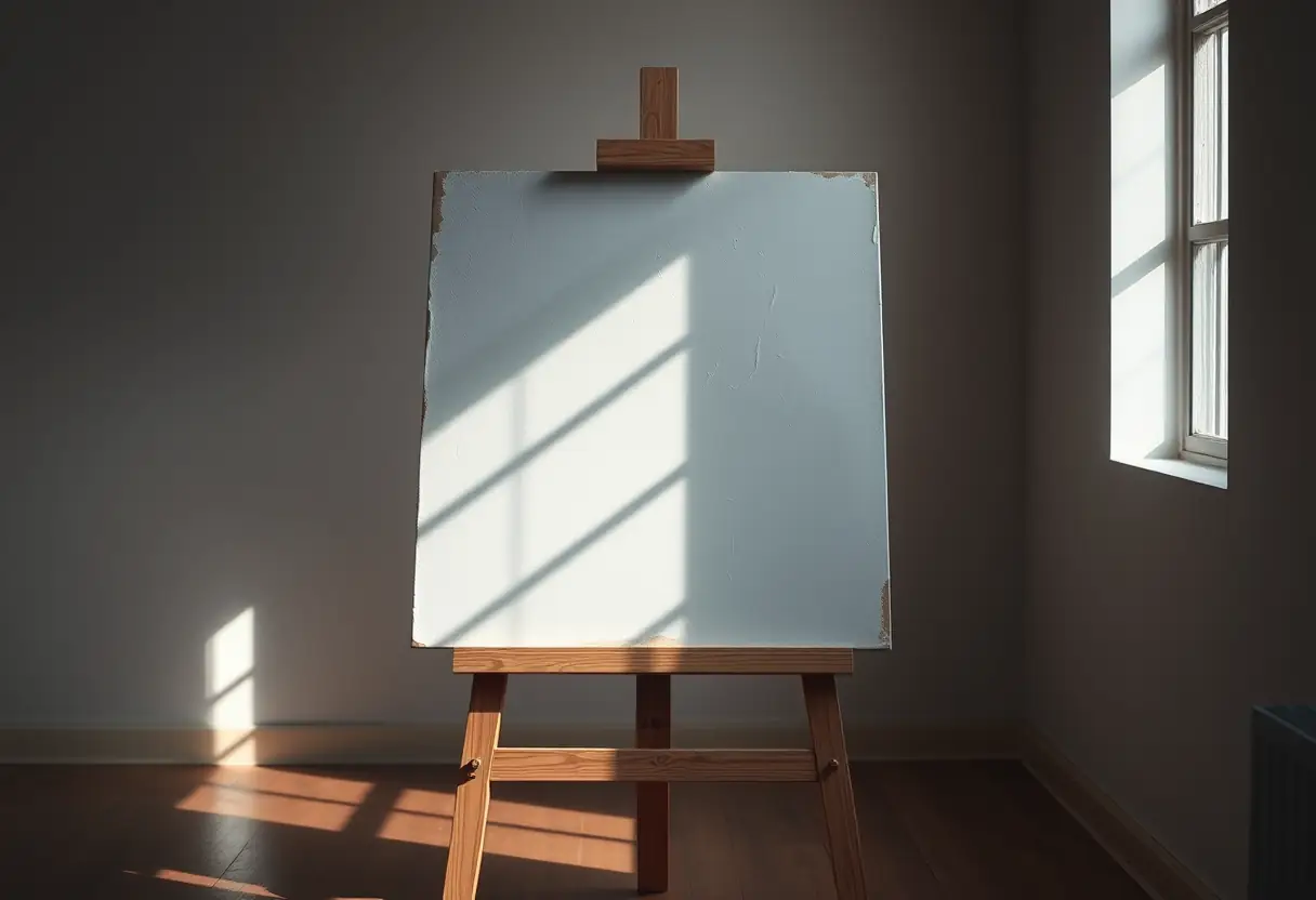 Un chevalet en bois dans un atelier sombre, portant une toile partiellement peinte avec des contrastes dramatiques de lumière et d'ombre