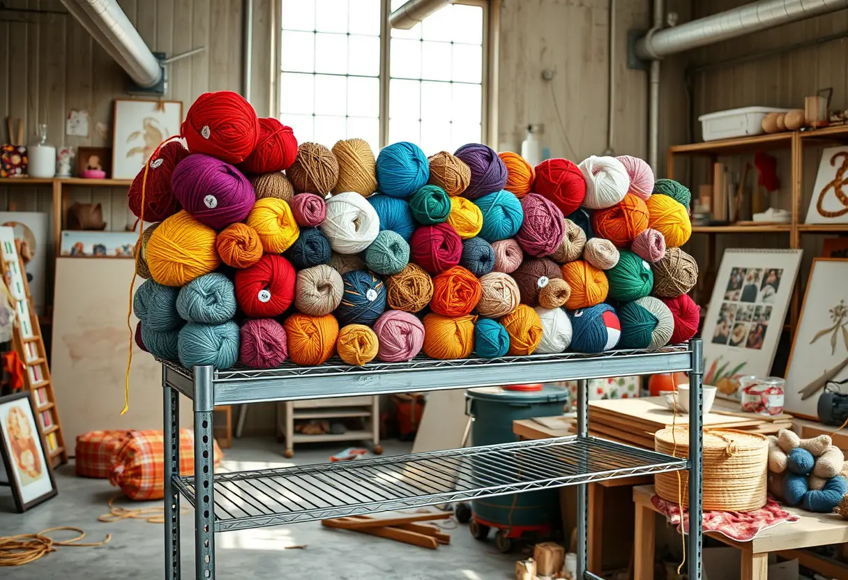Des pelotes de fil colorées exposées sur une étagère métallique dans un atelier bien éclairé