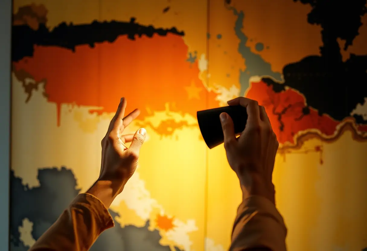 Main de professionnel ajustant l'éclairage d'un tableau abstrait