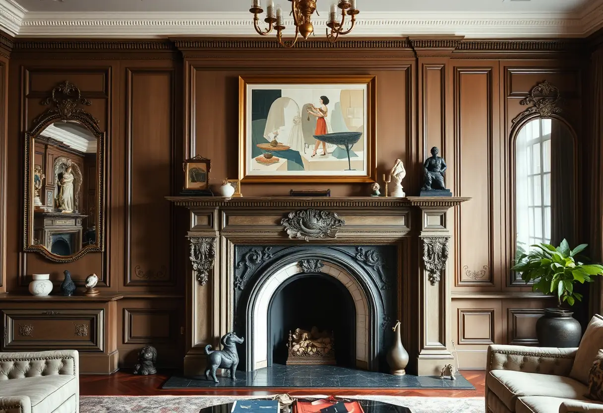 Manteau de cheminée orné avec une peinture moderne dans un salon
