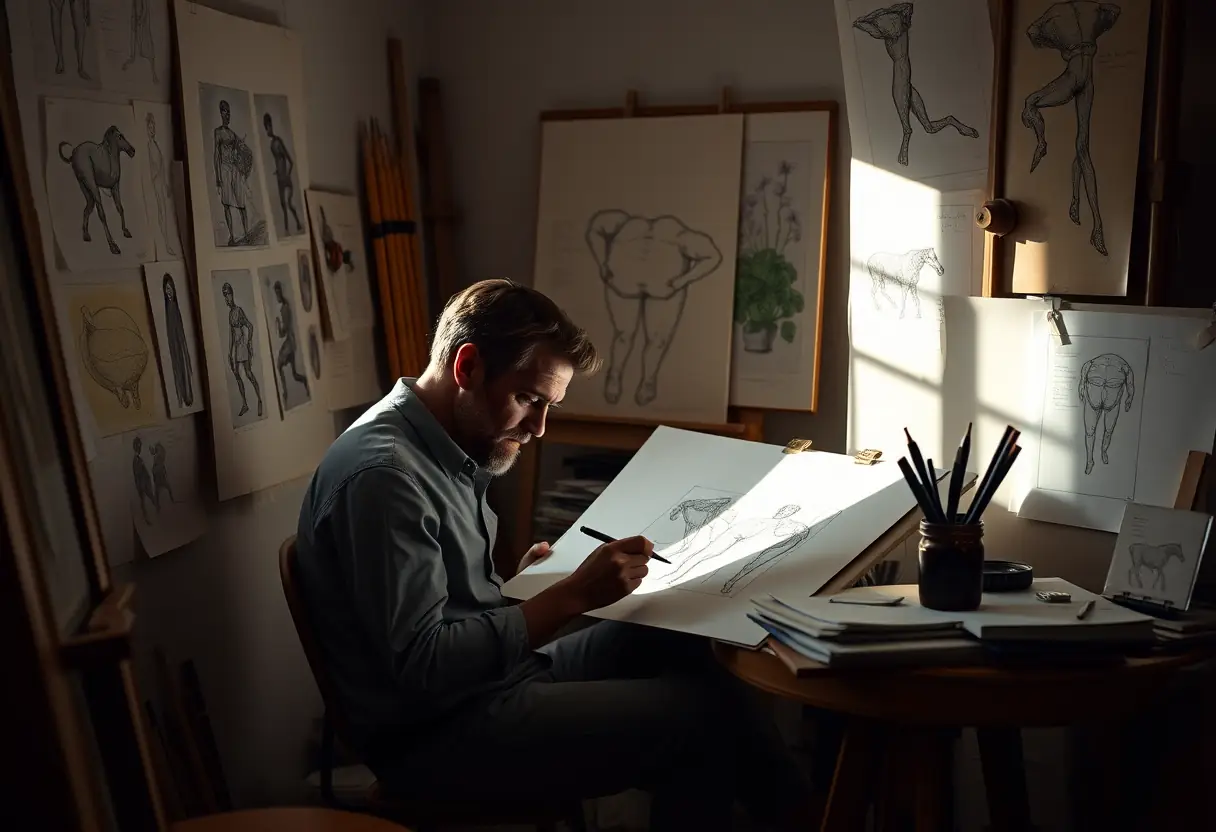 Un artiste travaille sur un dessin détaillé entouré de croquis