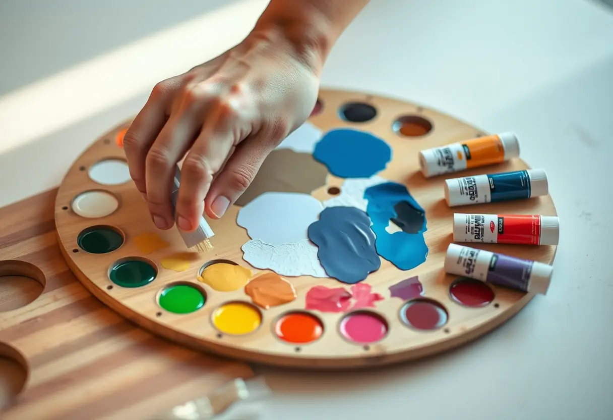Une main mélangeant soigneusement des couleurs sur une palette en bois, avec des tubes de peinture rangés près d'elle