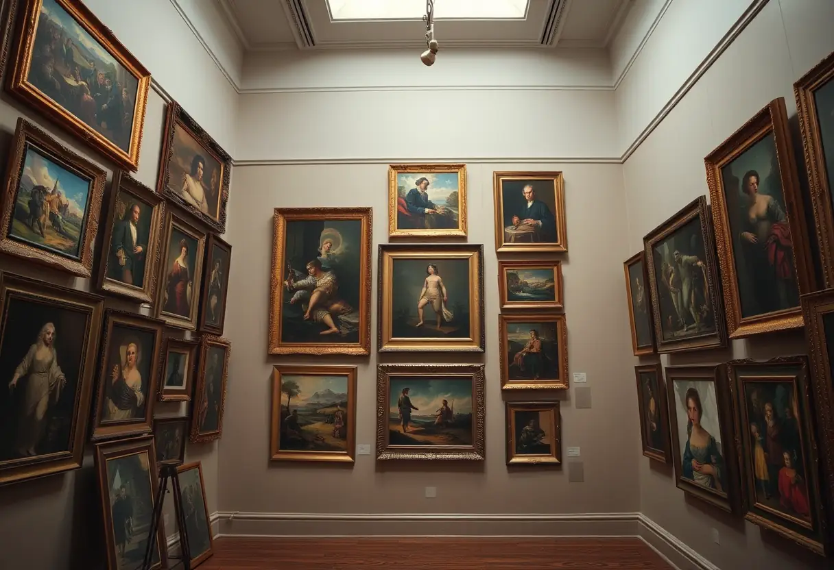 Une pièce remplie de tableaux encadrés accrochés aux murs, diversité des styles artistiques