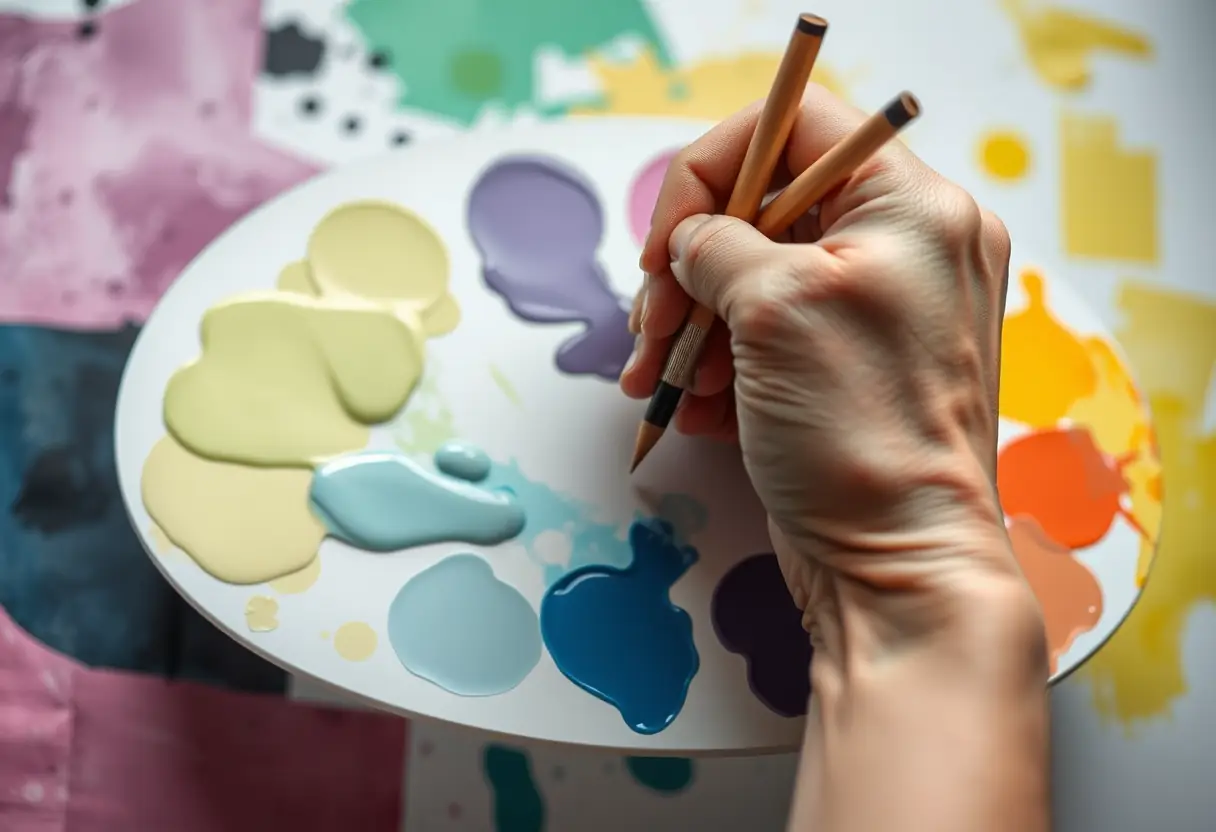 Main mélangeant des couleurs sur une palette, dédié aux tableaux abstraits