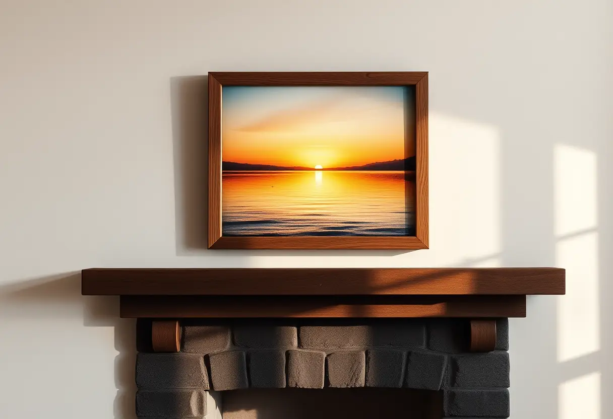 Un tableau représentant un lac au crépuscule au-dessus de la cheminée
