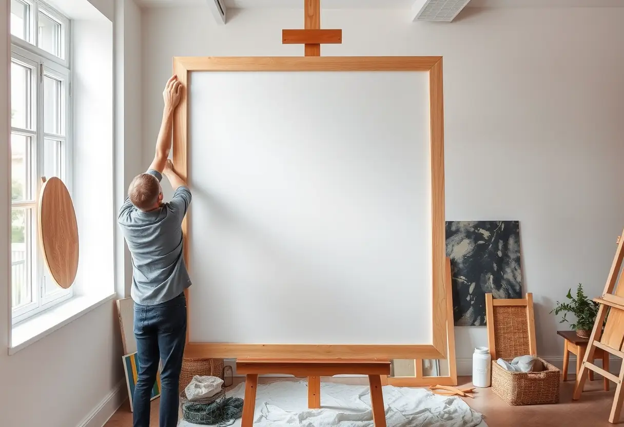 Un artiste installant un cadre autour d'une toile peinte