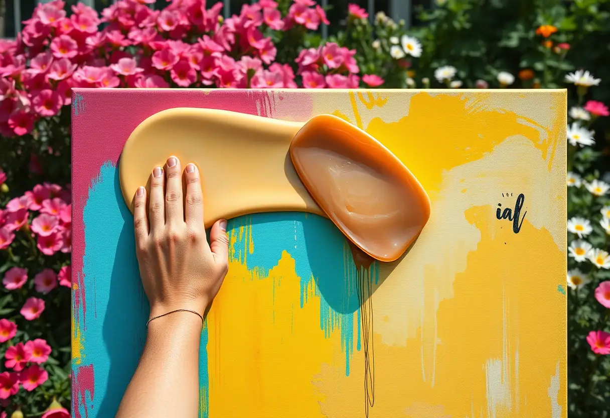 Main lissant une couche de vernis protecteur sur un grand tableau coloré dans un jardin fleuri