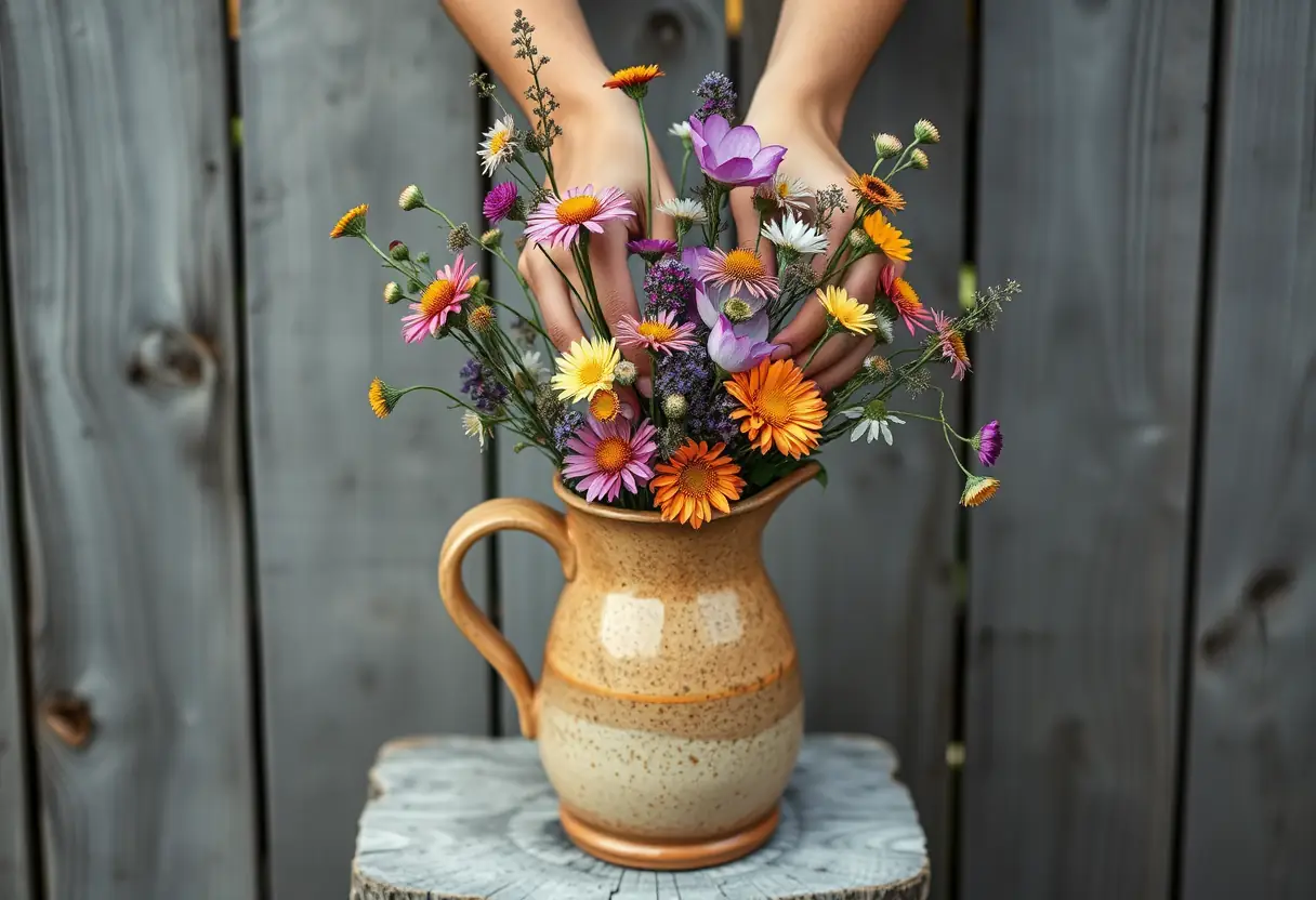 Des mains arrangeant des fleurs sauvages dans un seau rustique près d'un vieux mur en bois