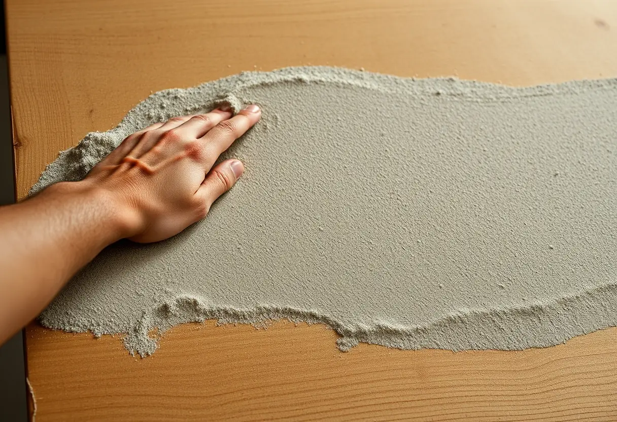 Une main lisser du sable sur un grand tableau en bois, soulignant la texture de l'œuvre