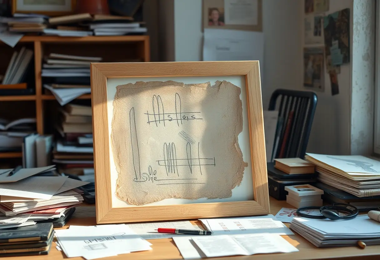Un cadre en bois rectangulaire sur un bureau en désordre contient un tableau abstrait incomplet
