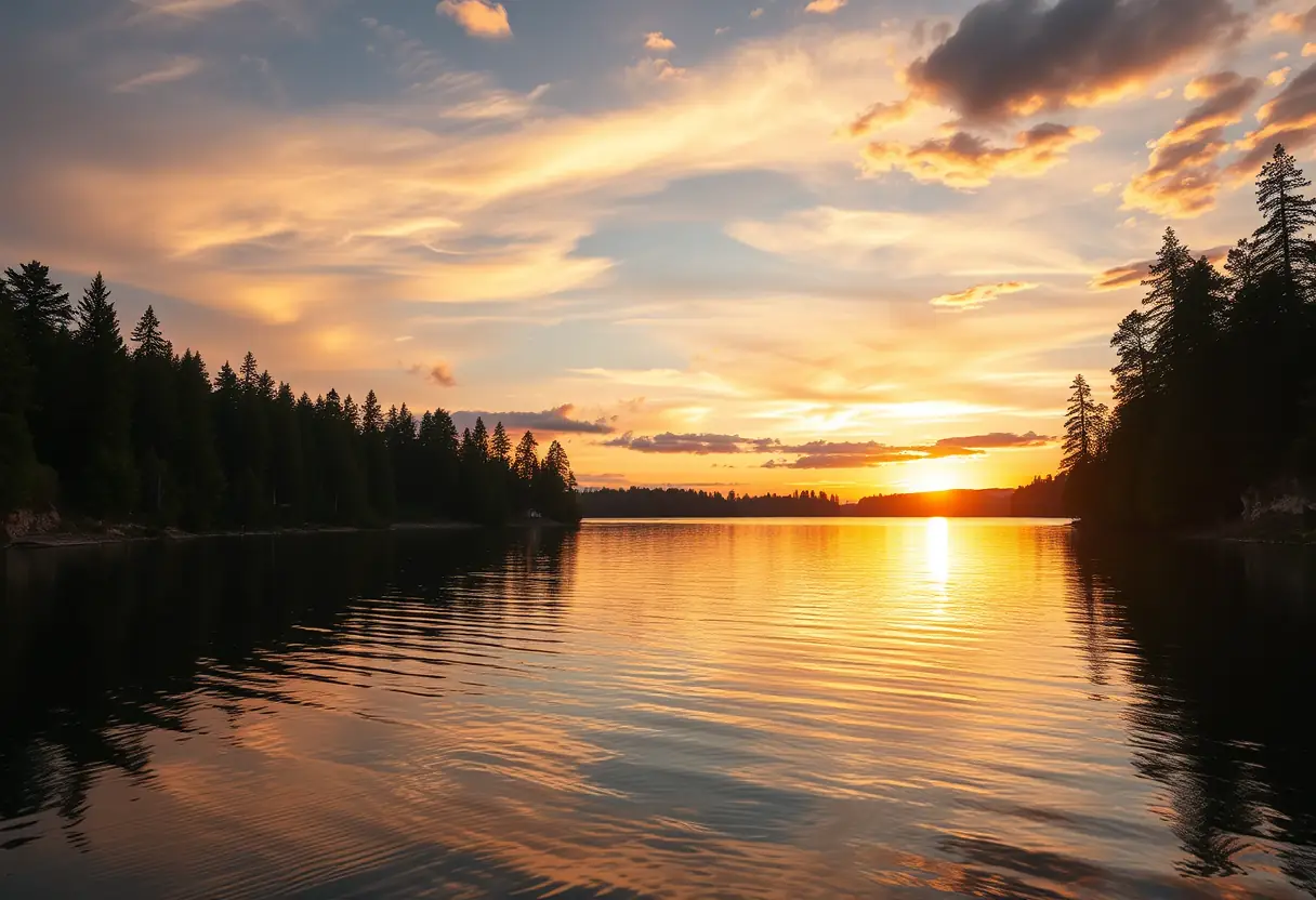Vue panoramique d'un lac calme au coucher du soleil