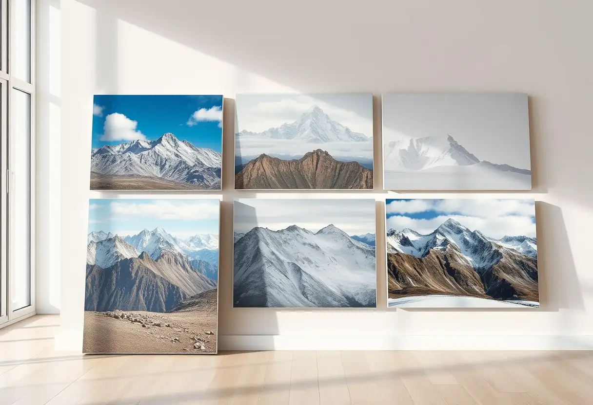 Une pile de toiles contre un mur dans une pièce claire, chacune représentant une interprétation différente d'un paysage montagneux sous diverses conditions météorologiques