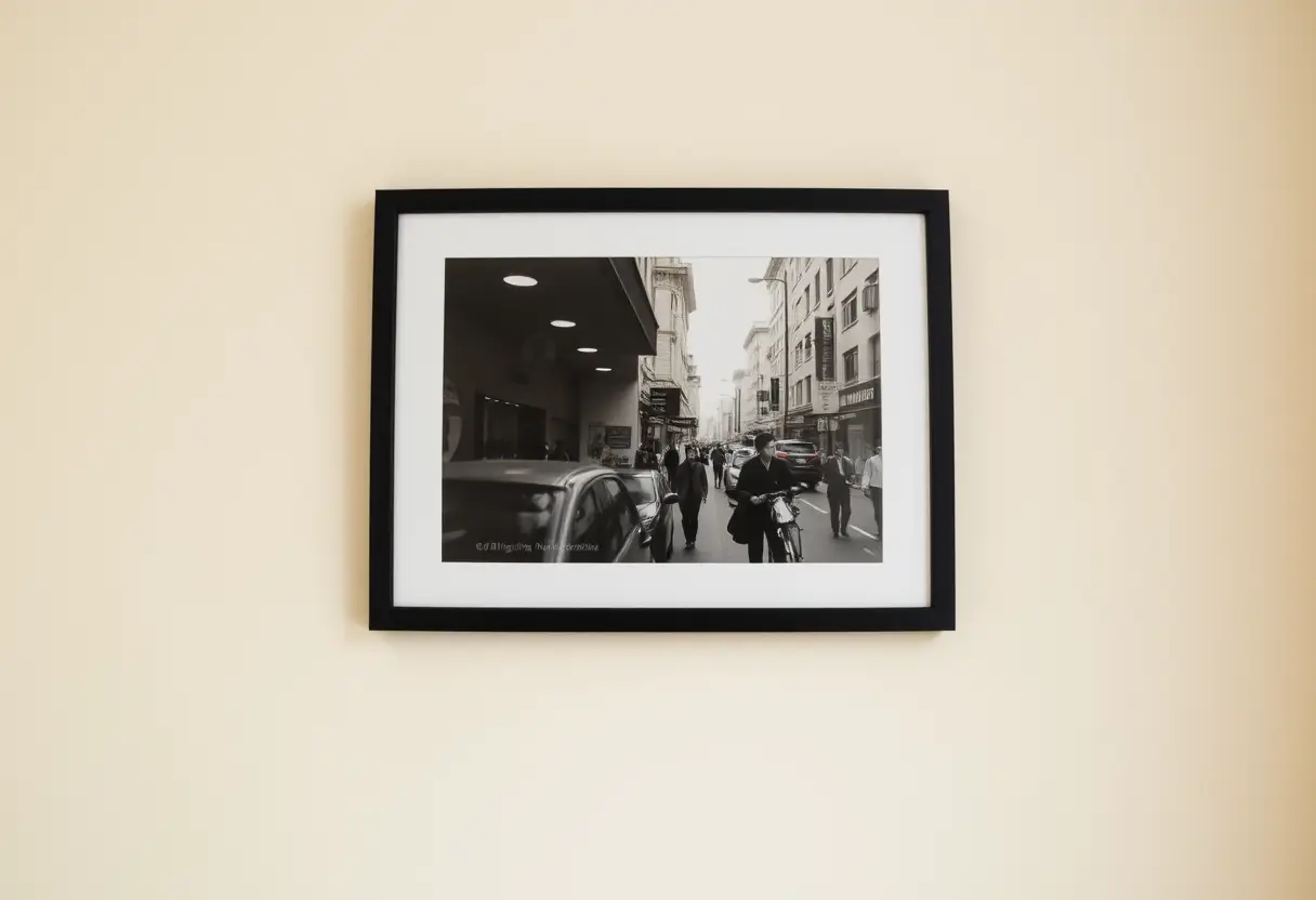 Une photo en noir et blanc encadrée sur un mur blanc
