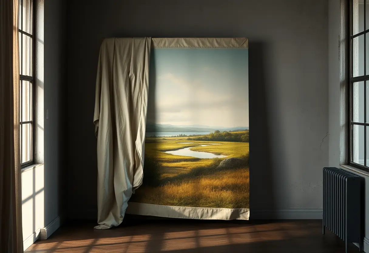 Une pièce sombre abrite un grand tableau couvert partiellement d'un linge, révélant une scène de paysage serein