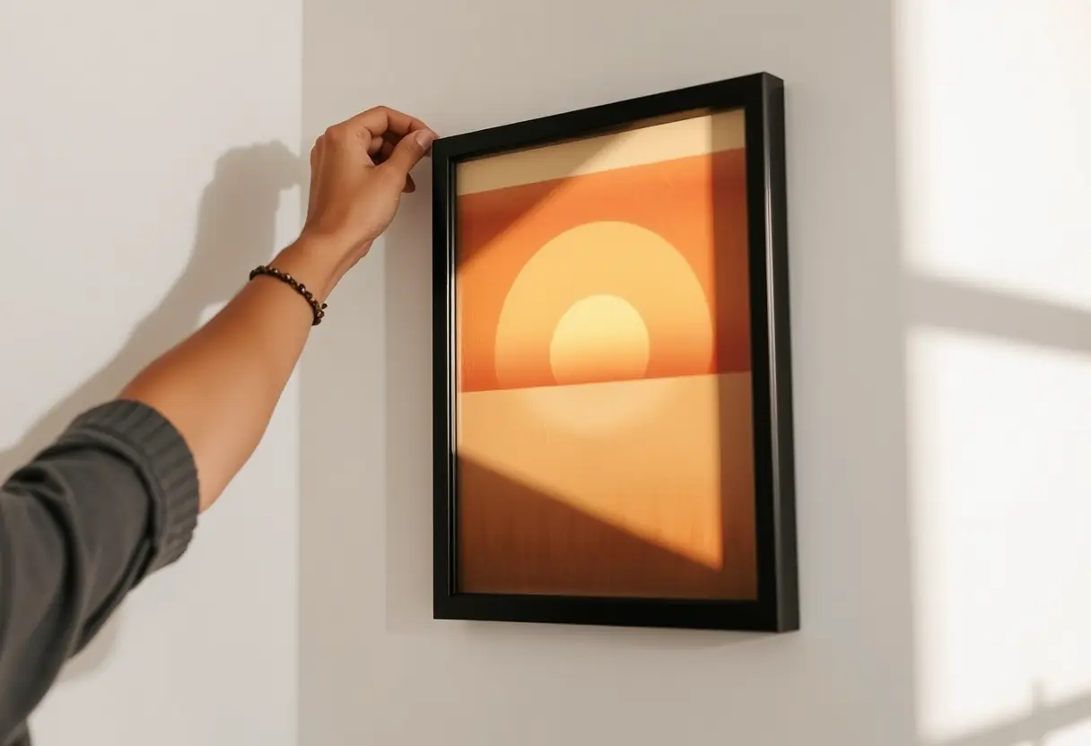 Main posant une œuvre d’art représentant un lever de soleil, lumière naturelle