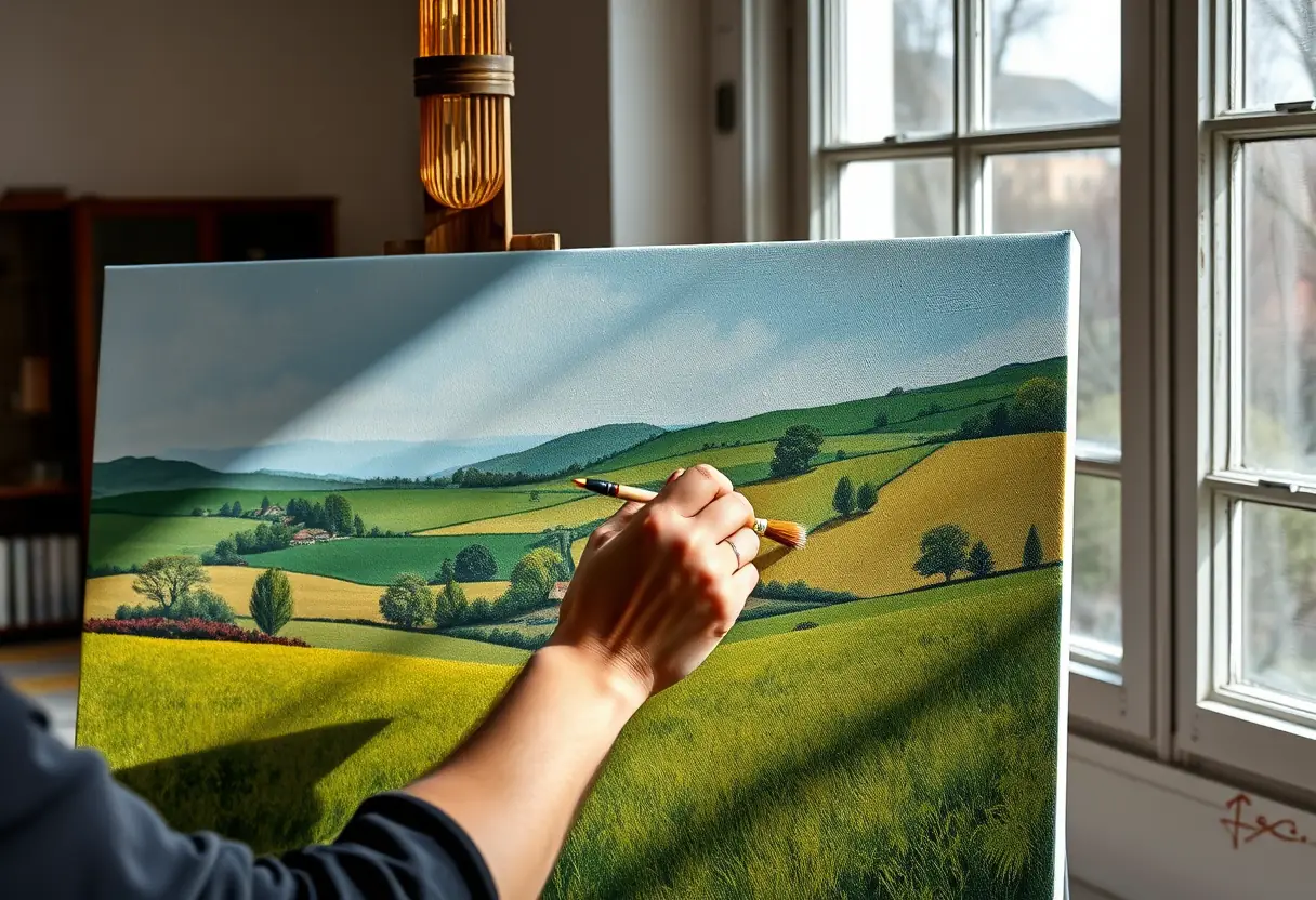 Une main posant de la peinture sur une toile représentant un paysage serein