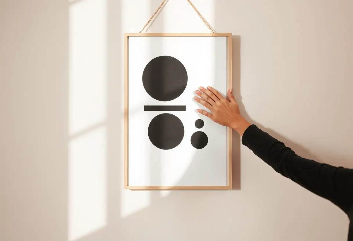 Une main ajustant doucement un tableau noir et blanc accroché au mur