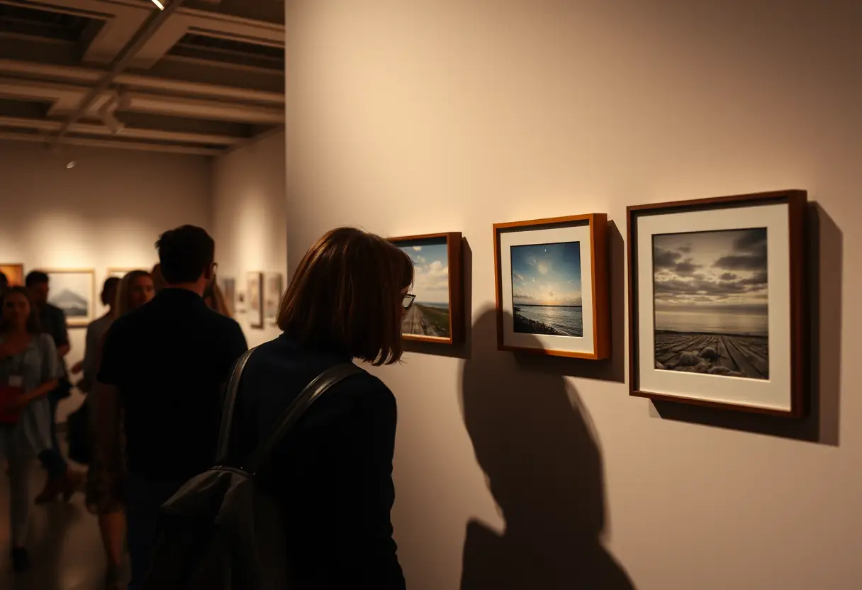 Un visiteur examine une petite gravure dans une galerie d'art