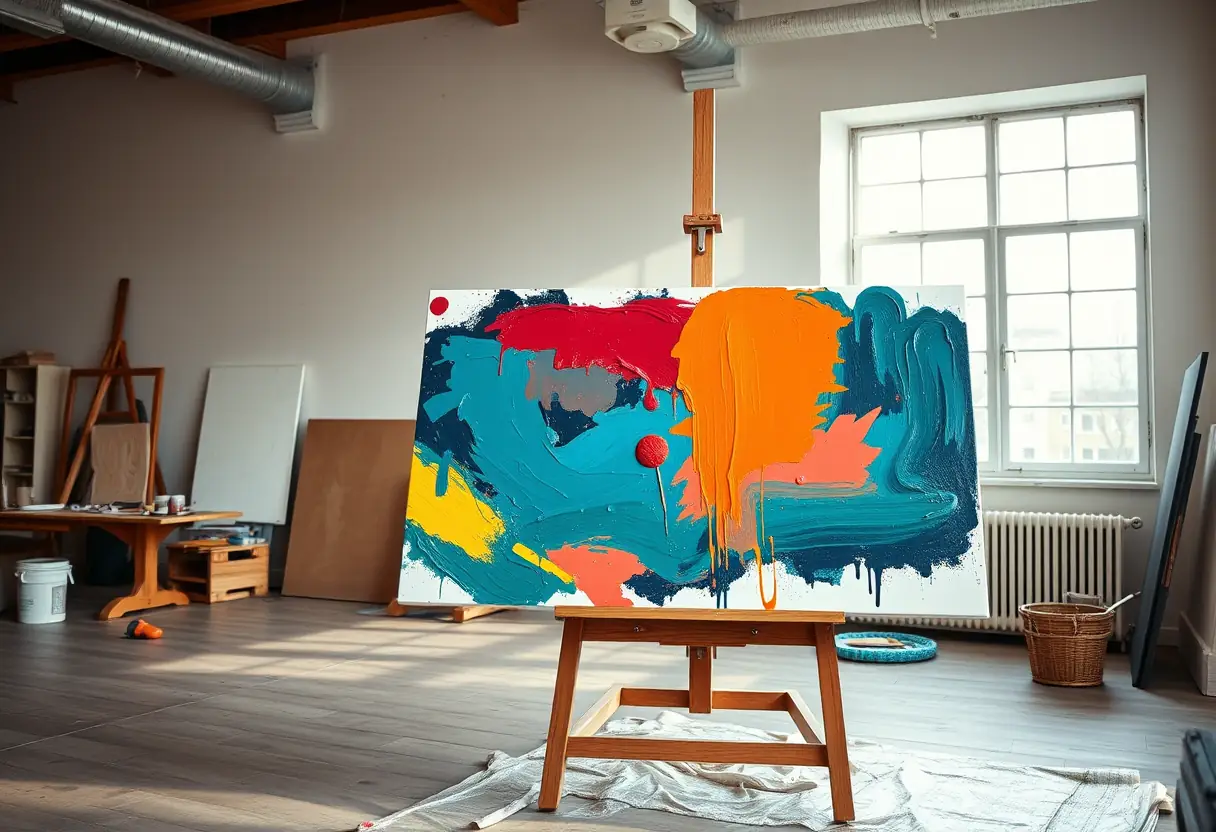 Main d'artiste appliquant de la peinture épaisse sur un grand tableau sous une lumière naturelle