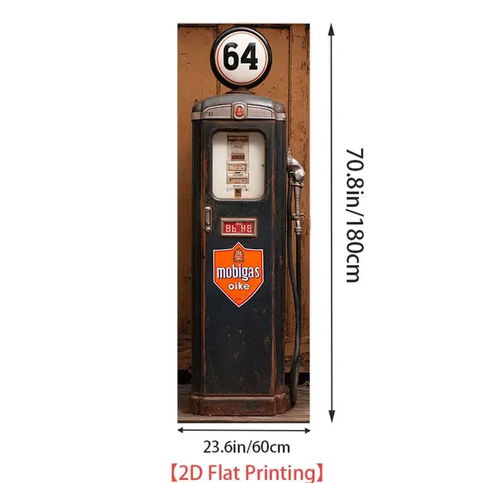 Autocollant pour réfrigérateur [60×180 cm] – Décoration murale rétro sur le thème de la station-service – Papier peint