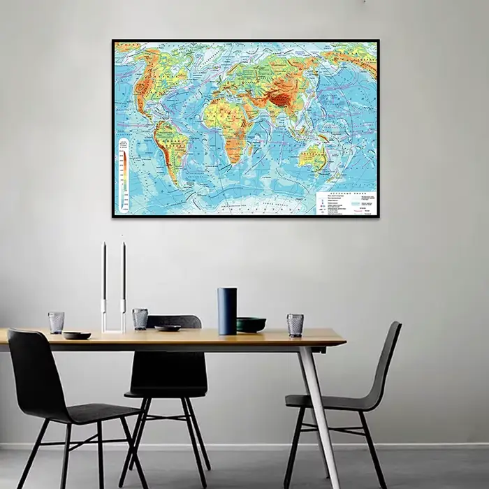 Toile carte du monde en russe, 59x42cm, décoration murale, carte géographique du monde, papiers pein