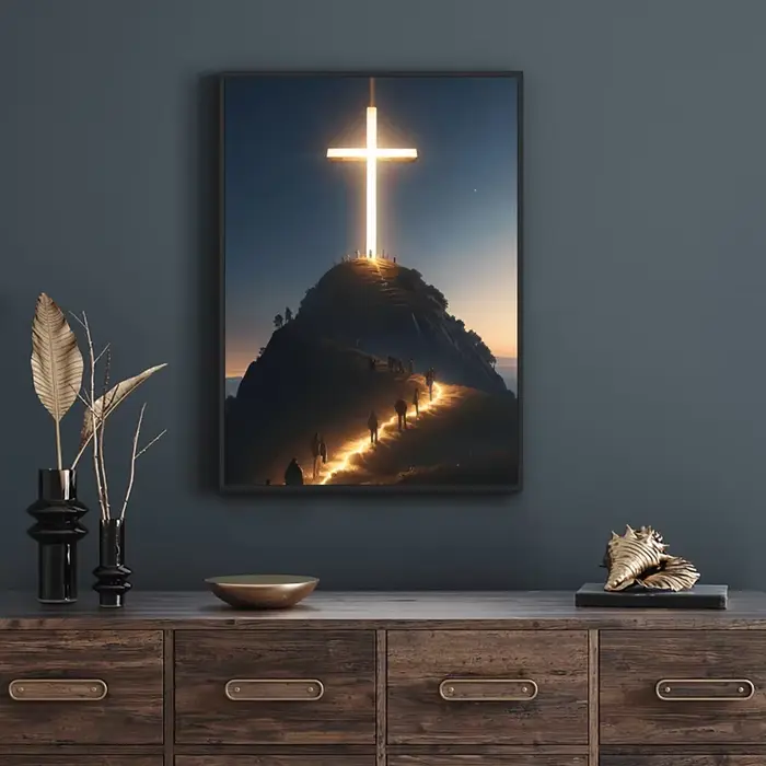 Toile d'art mural avec croix chrétienne moderne sur le dessus de la montagne