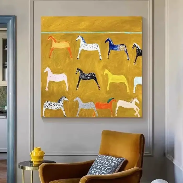 Peinture de cheval jaune sur toile, toile de cheval blanc originale, Art mural moderne et minimalist