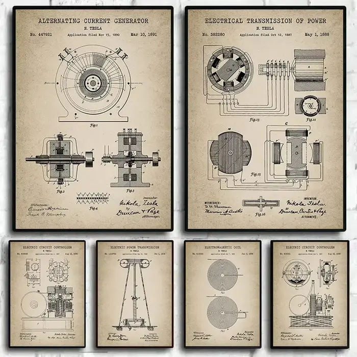 Affiches de brevet électrique Tesla Vintage, imprimés sur toile, peinture murale, image d'art pour bureau, décoration de maison, cadeau d'ingénieur électrique