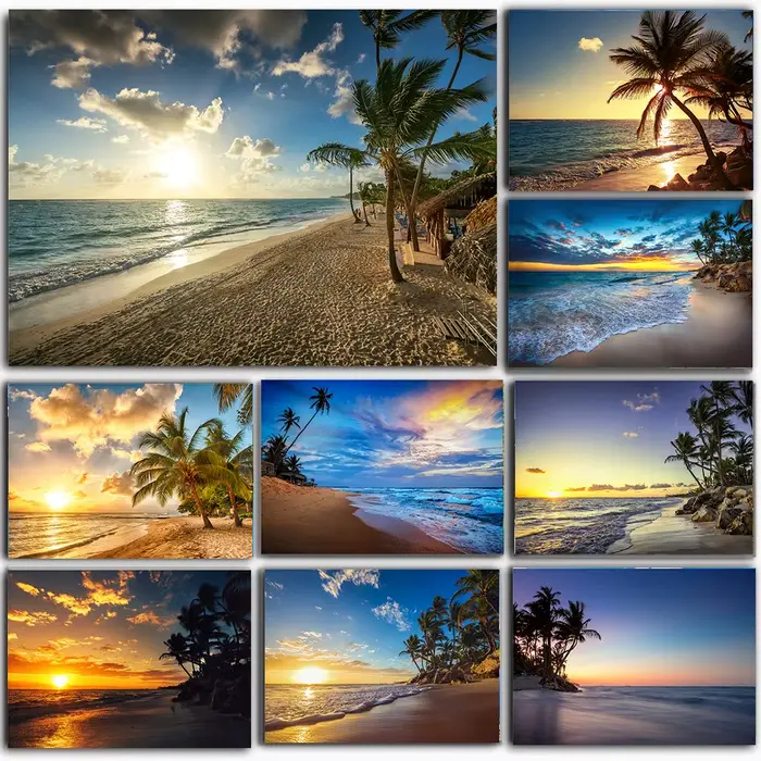 Toile de peinture avec nuages de coucher de soleil de plage, arbre de noix de Coco, affiches et imprimés, Image de paysage marin de lever du soleil, décoration de maison, salon, chambre à coucher
