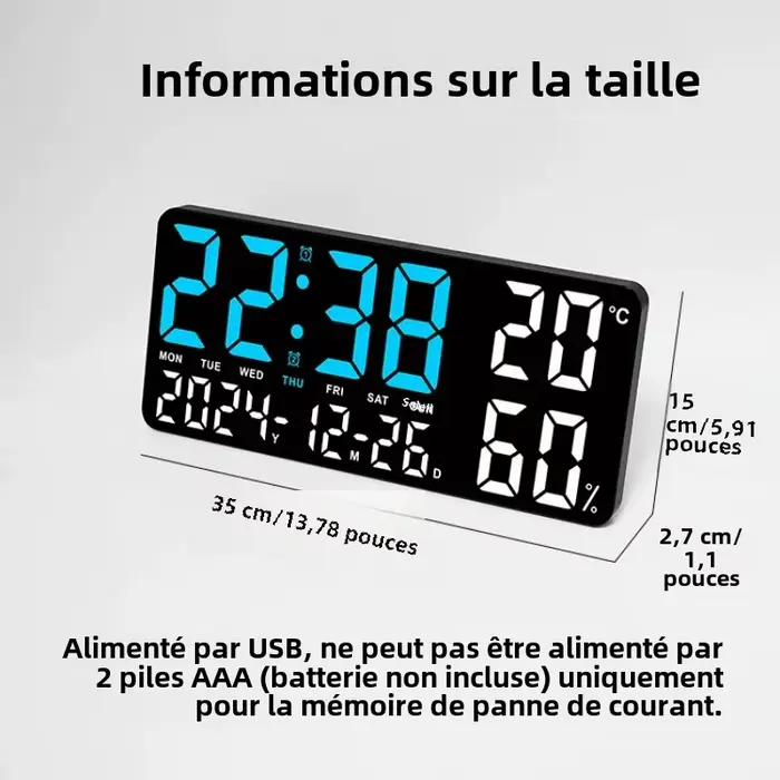 Grande horloge murale numérique avec lumière d'ambiance 7 couleurs