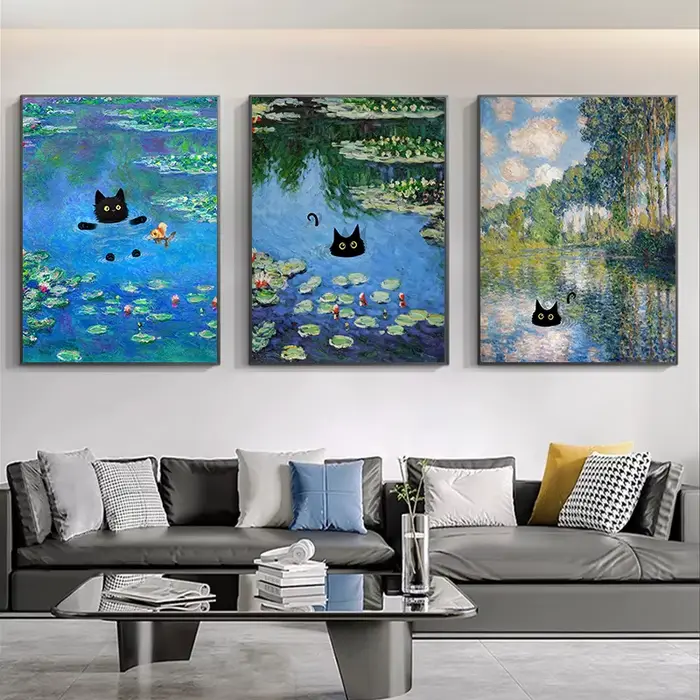 Claude Monet œuvres d'art intéressant mignon chat noir Lotus étang affiche toile peintures mur Art photos pour salon décor à la maison