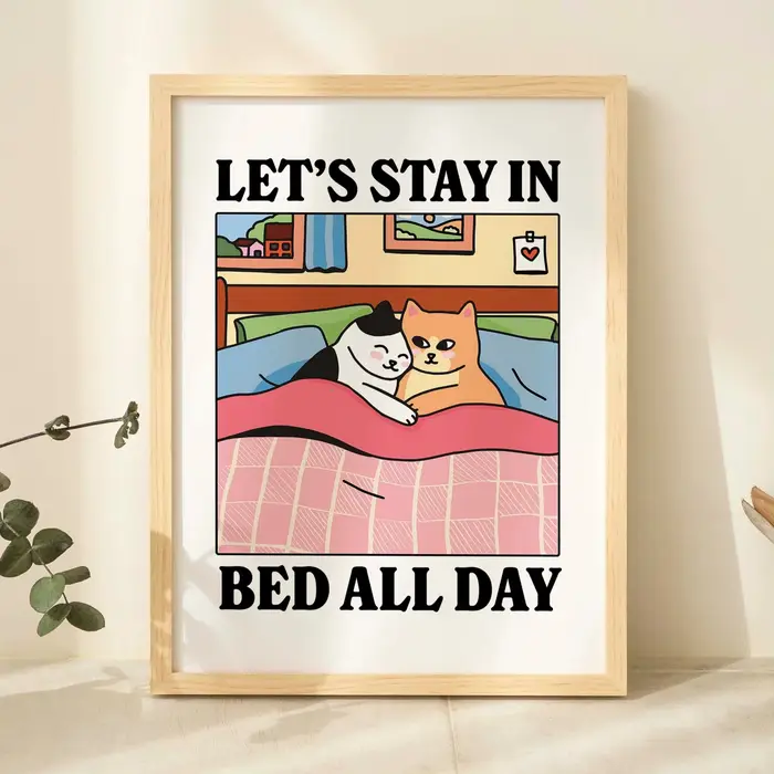 Dessin animé moderne couché confortablement dans le lit mur Art imprime toile peinture affiche photo