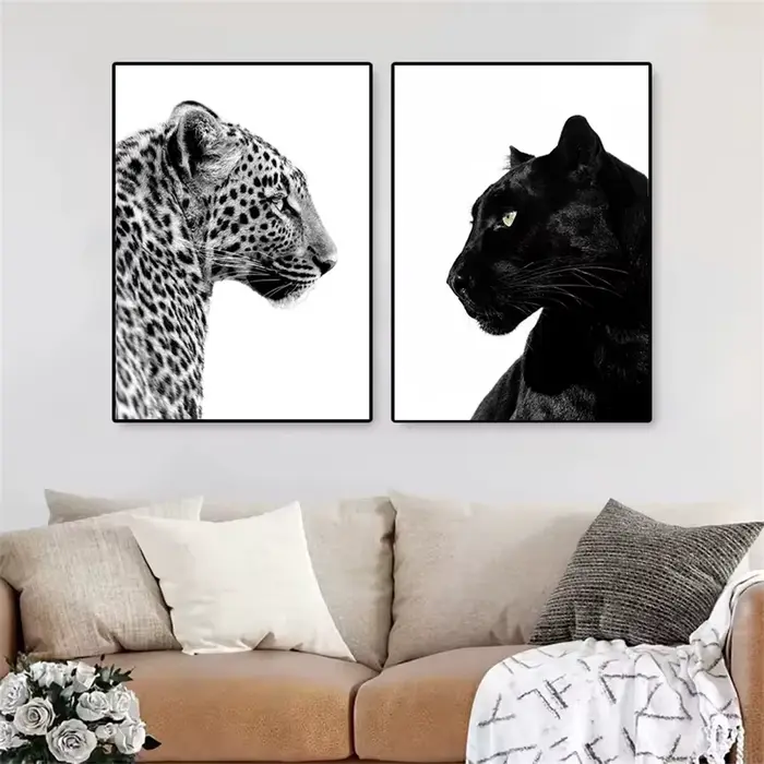 Peinture sur toile 2D, impressions d'art murales léopard et panthère noir et blanc