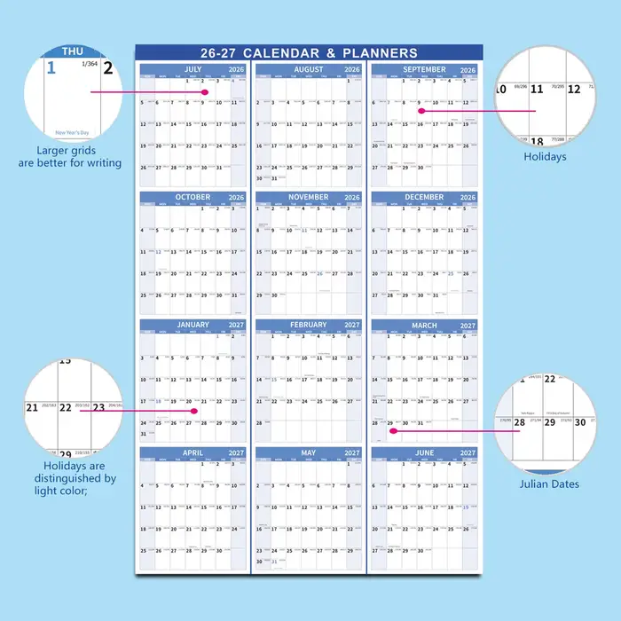 Calendrier mural annuel, planificateur de gestion du temps, juillet 2026-juin 2027, calendrier verti