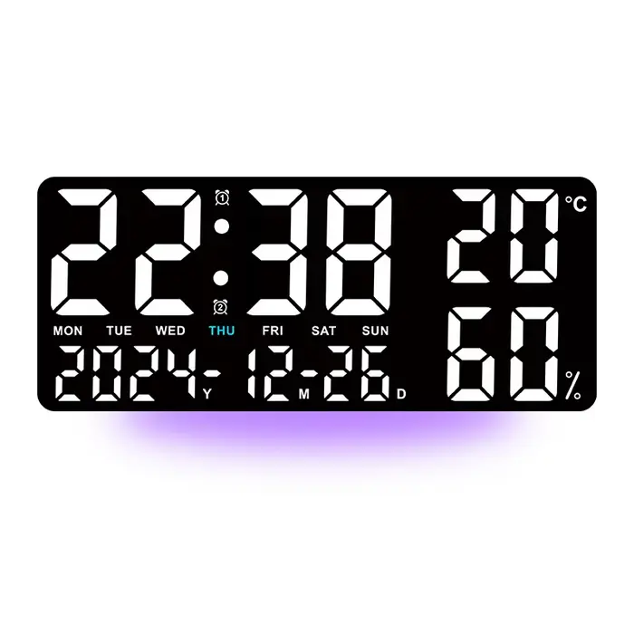 Grande horloge murale numérique avec 7 couleurs, lumière d'ambiance, télécommande, double alarme, co
