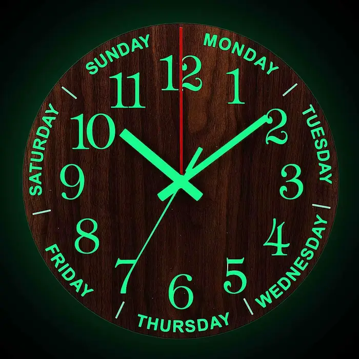 Horloge murale lumineuse 12 pouces en bois, silencieuse, sans tic-tac, pour cuisine, avec veilleuses