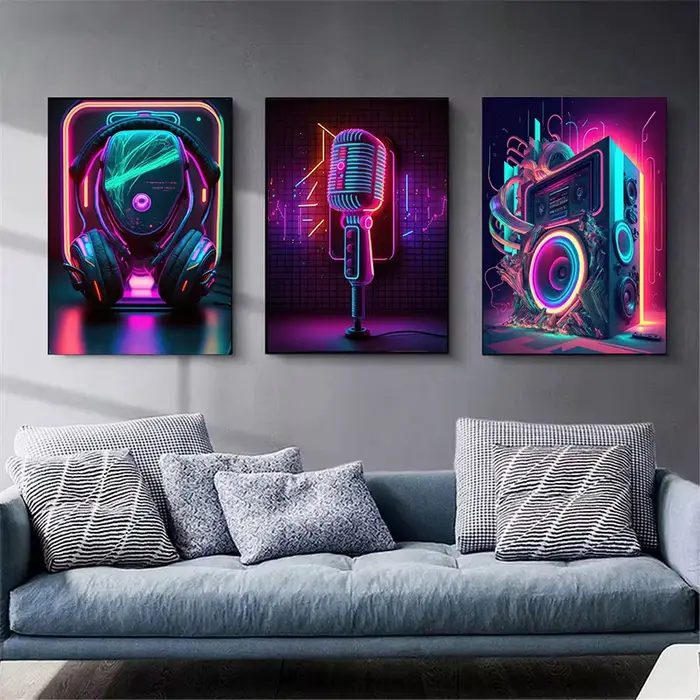 Affiche Pop Néon Punk Années 80 Musique Live DJ Guitare Karaoké Casque Peinture sur Toile Décoration Murale pour la Maison