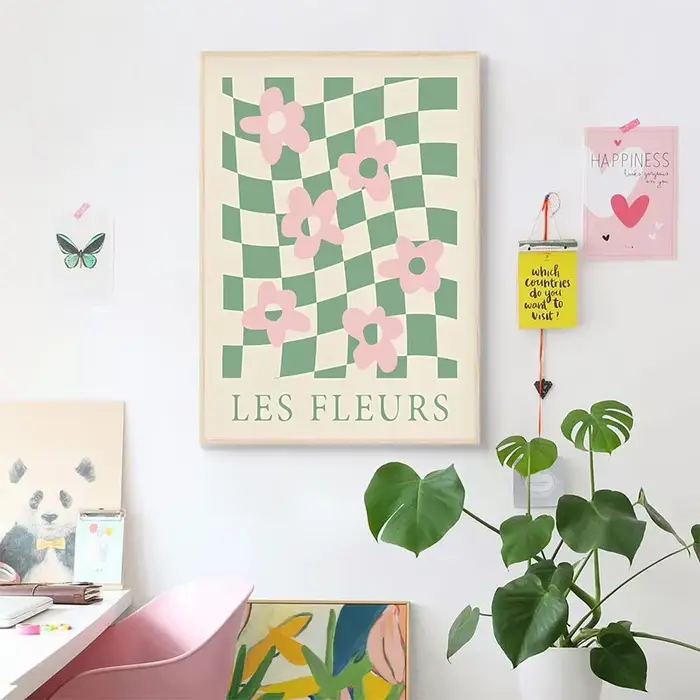 Boho vert coeur mode mur Art coloré cerise rose
