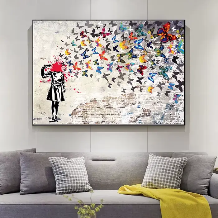 Banksy Art fille avec papillon Graffiti toile peinture rue Art affiche et impressions photos murales pour salon décor à la maison