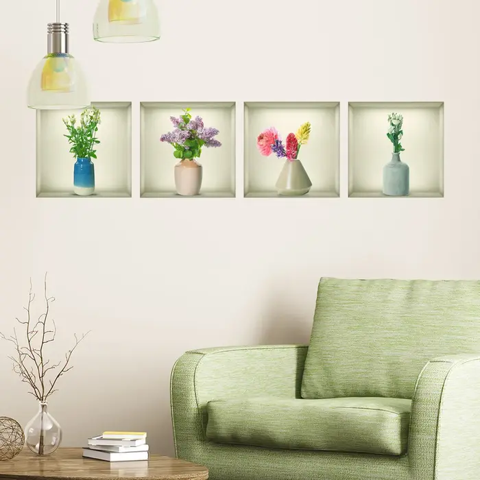 Autocollant mural en forme de vases et de fleurs, pour armoire, décoration de fond de salon, papier