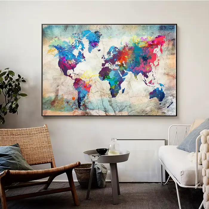 Toile imprimée de carte du monde colorée Vintage, images murales, affiches et imprimés de salon, Art