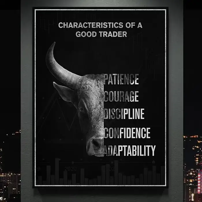 Affiche de motivation Nano istic d'un bon trader Patience Courage Discipline