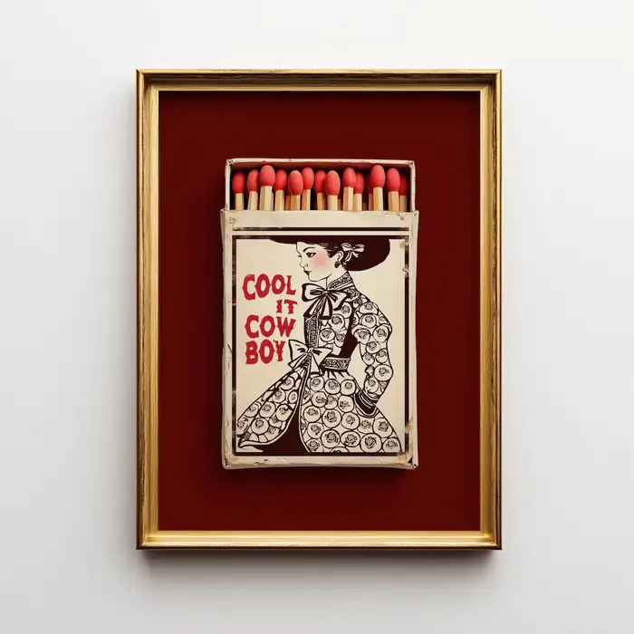 Art mural encadré Western bordeaux – Impression Cool It Cowboy Matchbox, décoration romantique rouge