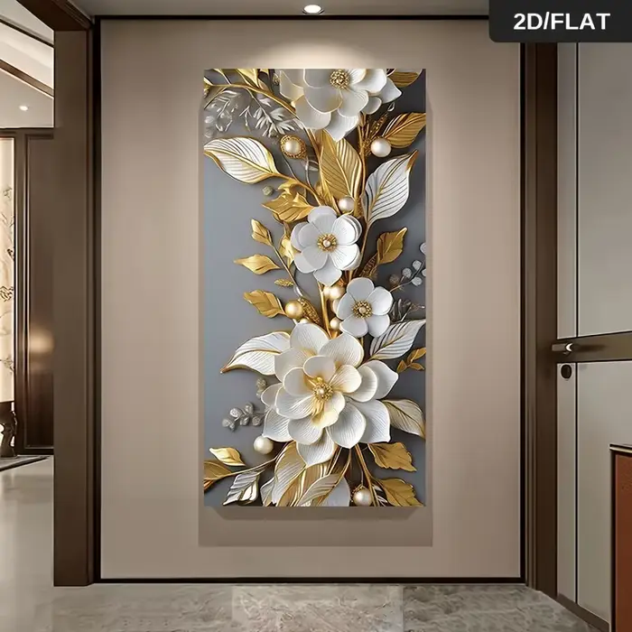 1 peinture sur toile moderne et luxueuse avec des fleurs dorées et blanches