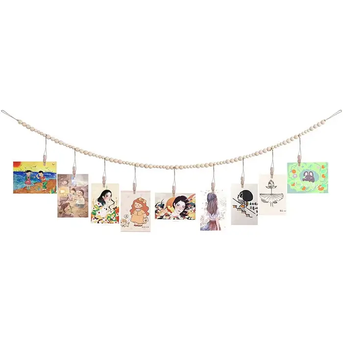 Présentoir de photo avec document en bois, ficelle de perles en chanvre, rangement de gland, clip de