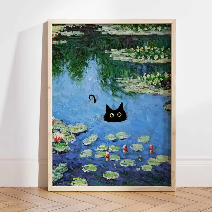 Monet Waterlily Cat Print, Claude Monet Cat Poster, Art de chat, Impression florale, Art mural, Déco
