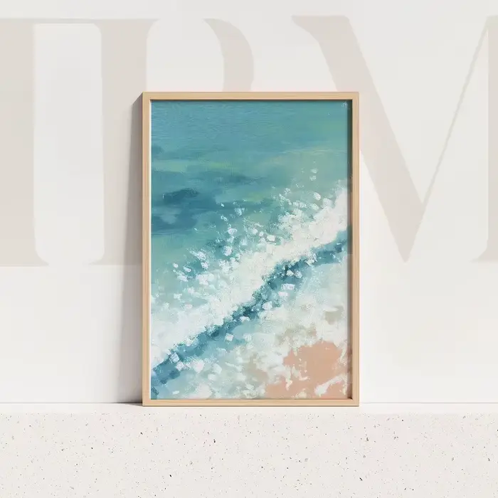 Affiche abstraite côtière bleu clair océan ciel paysage marin vagues de plage Shoreline toile peintu