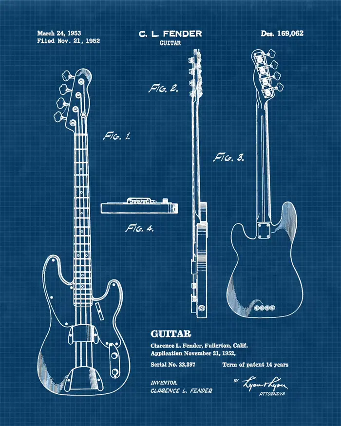 Affiche murale en toile pour guitares basses électriques Vintage, imprimés brevetés, décor artistiqu